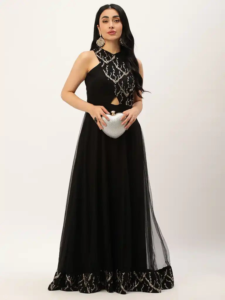 Bollywood Vogue Ready To Wear Black Net Embroidery Halter Neck Gown