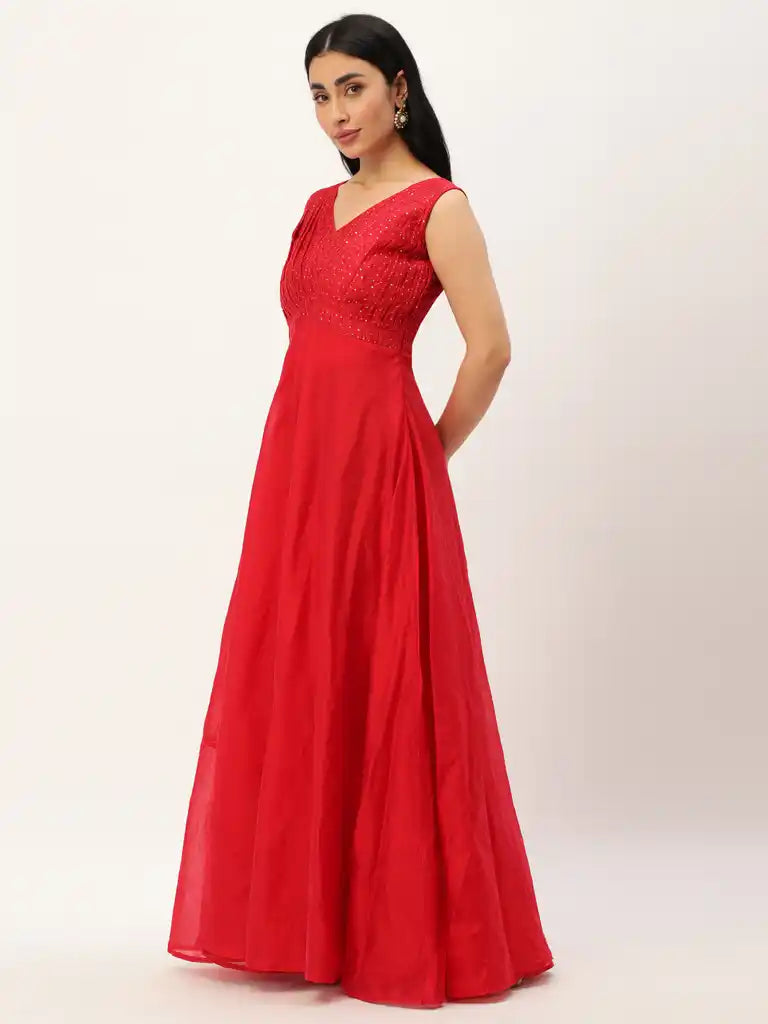 Bollywood Vogue Ready To Wear Red Cotton Sequins Embroidery Maxi Dress
