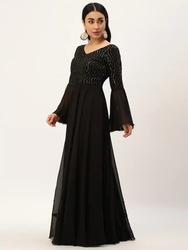 Bollywood Vogue Ready To Wear Black Bell Sleeves Embroidered Gown