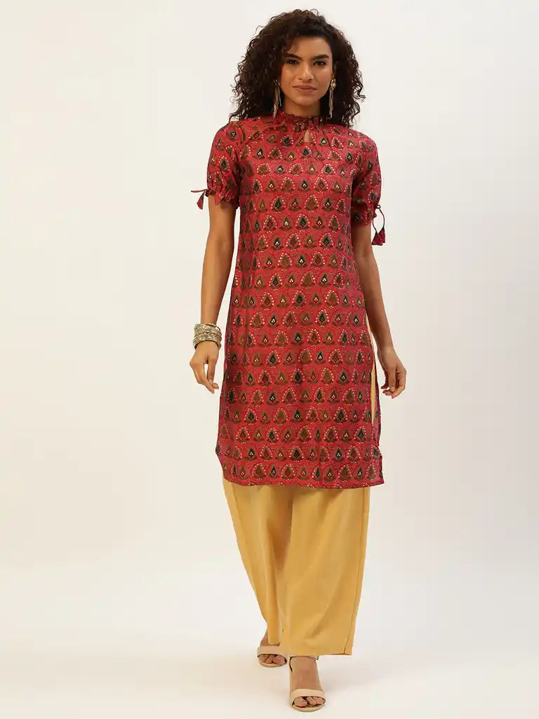 Bollywood Vogue Ready To Wear Printed Pink N Cream Rayon Kurta set
