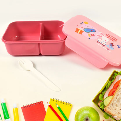 Plastic Lunch Box – Leak-Proof, 2 Compartments with Bottle & Fork (1 Set, Mix Color)