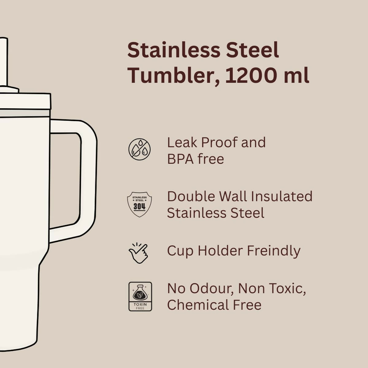 The Orange Bunny Tumbler with Leak-Proof Lid and Plastic Straw, 1200 ml, Stainless Steel Travel Mug with Handle and Straw, Black