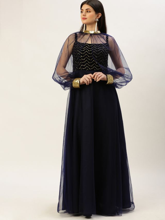 Bollywood Vogue Ready To Wear Blue Velvet Embroidered Dress With Cape