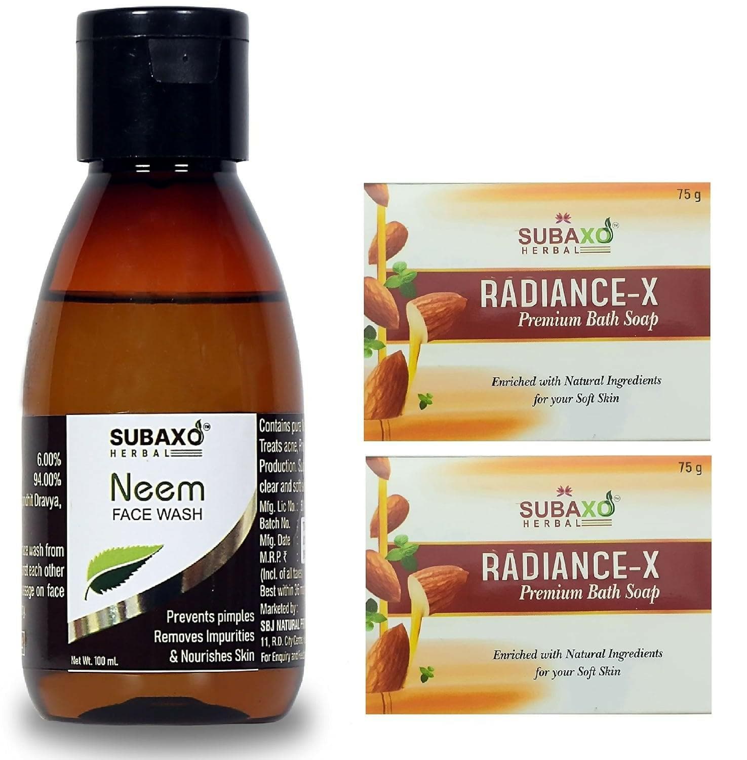 Subaxo Radiance-X Premium Bath Soap(75 g Each, Pack Of 2) & Neem Herbal Face Wash (100ml,Combo) - HalfPe