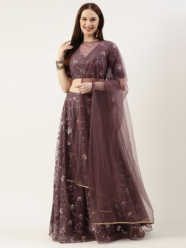 Bollywood Vogue Ready To Wear Purple Net Embroidered Lehenga Set