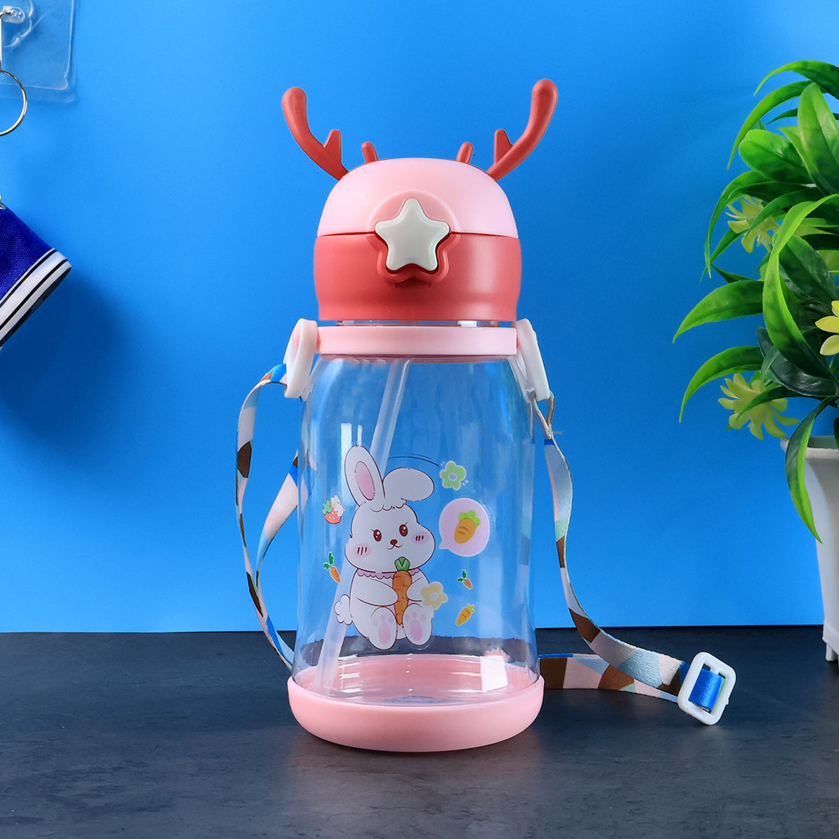 Cute Cartoon Water Bottle Approx for Kids with Straw and Strap with Leakproof BPA-Free Sipper Bottle with Star Cap and Antler Design450ml (1 Pc)