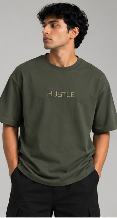 HUSTLE Men's Crew Neck Oversized Tees - Dark Green