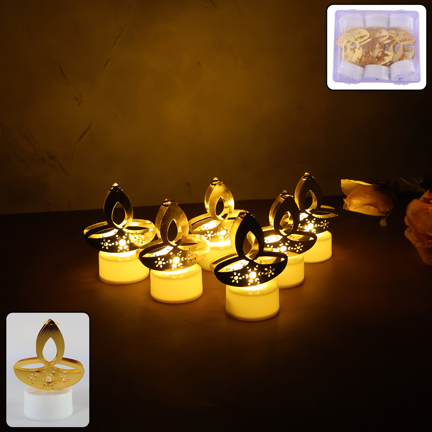 Set of 6 Golden Diya Shaped LED Tealight Candles – Flameless Decorative Festival Lights for Home (6 Pc)