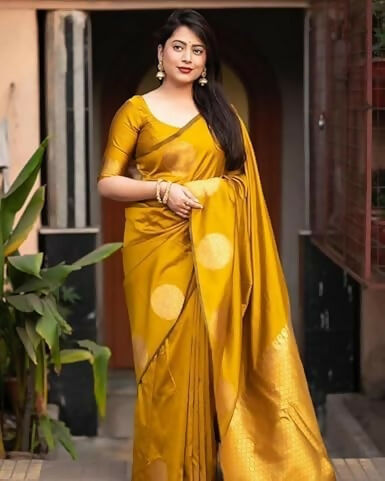 AXONIT Traditional Banarasi Silk Saree with Golden Zari Border & Pallu