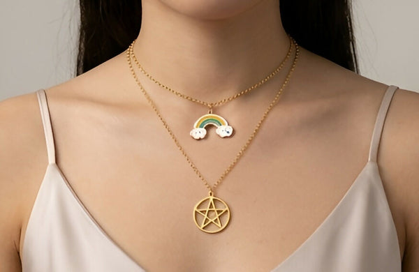 Set of 2 Rainbow & Star Pendant Necklaces – Gold-Plated Jewelry