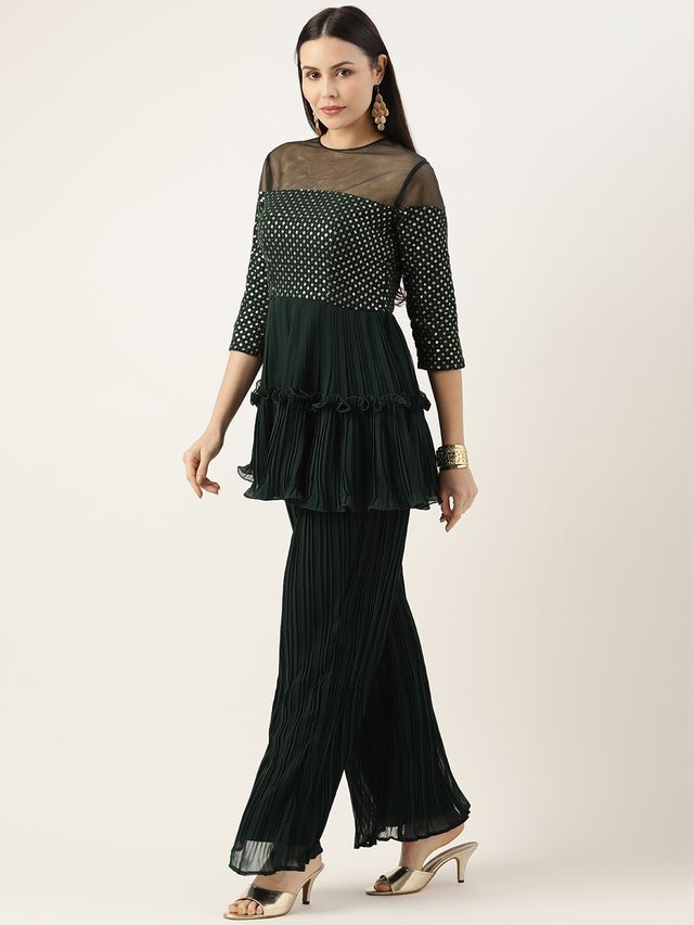 Bollywood Vogue Ready To Wear Green Georgette Sequins Wide Leg Pant Set