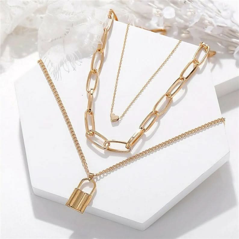 Triple Layered Heart And Lock Pendant Choker Necklace pinapes