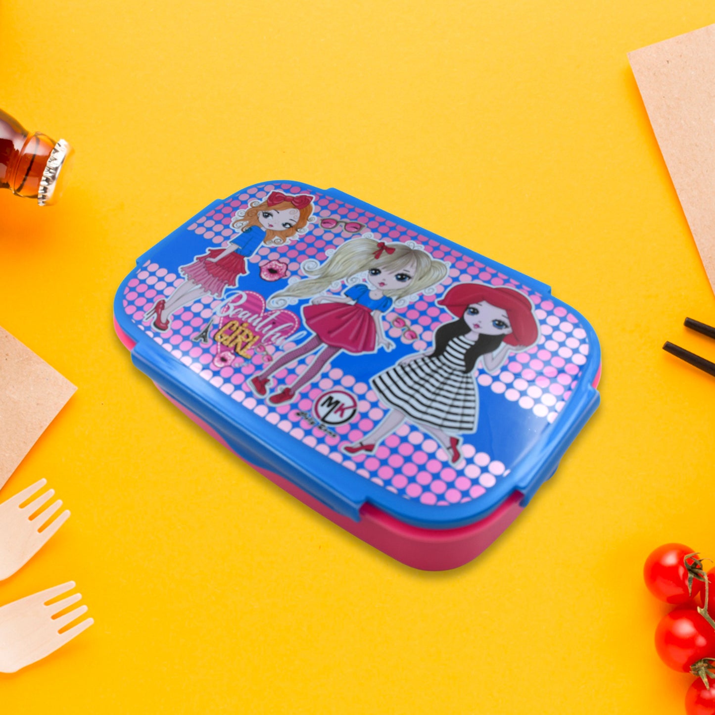 Cartoon Printed Plastic Lunch Box With Inside Small Box  Spoon For Kids Air Tight Lunch Tiffin Box For Girls Boys Food Container Specially Designed For School Going Boys And Girls