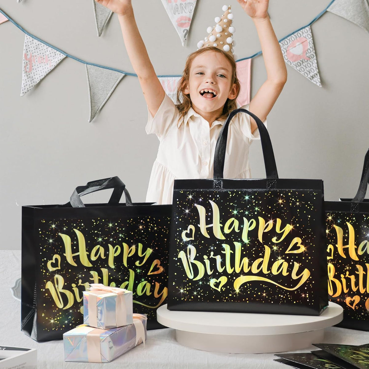 Birthday Gift Bag With Gold Shiny Stars Reusable Party Gift Bags (1 Pc) HP DD