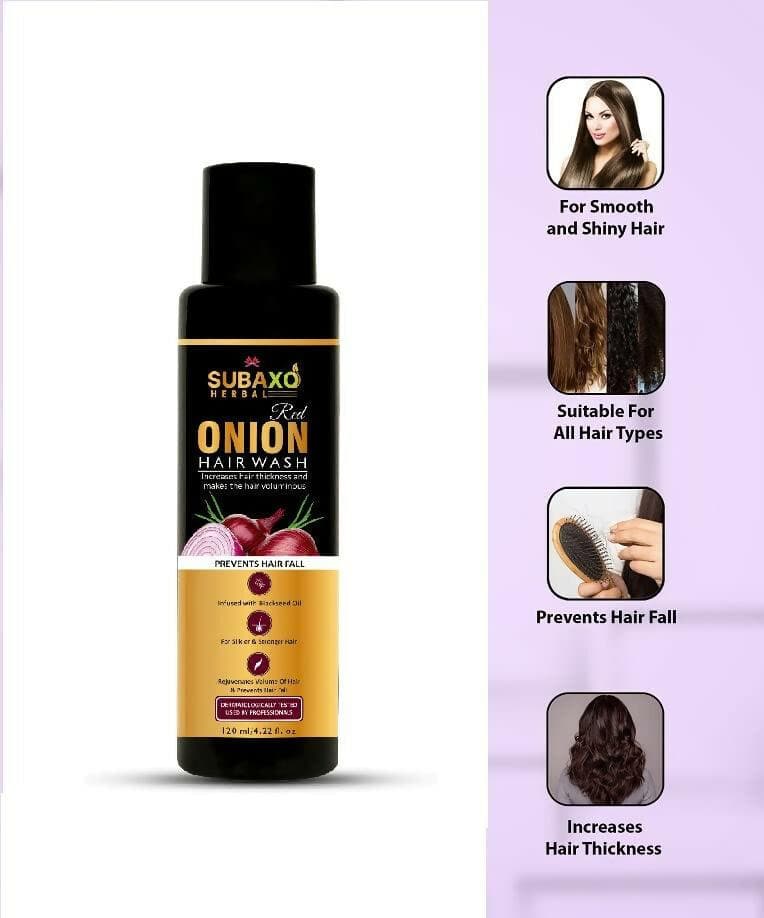 SUBAXO Red Onion Herbal Shampoo Prevents Hair Fall Makes Hair Silkier & Stronger (120ml x 2, Pack of 2) - HalfPe