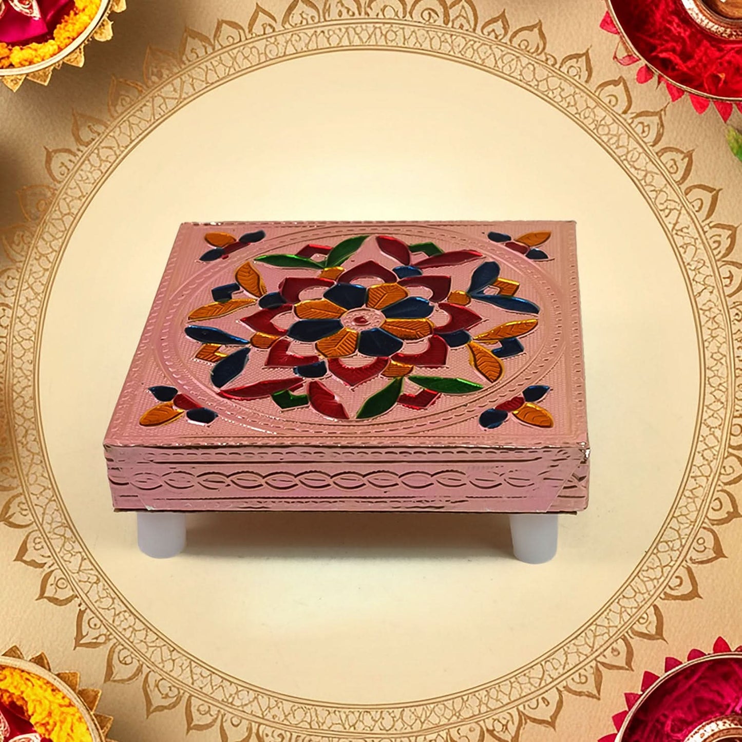 Multicolour Wooden Puja Bajot – Meenakari Chowki for Decor