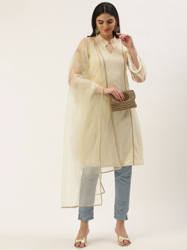 Bollywood Vogue Ready To Wear Grey N White Sequin Embroidered Straight Pant Suit