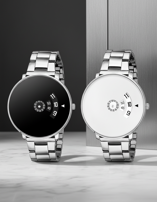 White & Black Dial Stainless Steel Chain Watch Combo for Men & Boys (Pack of 2)