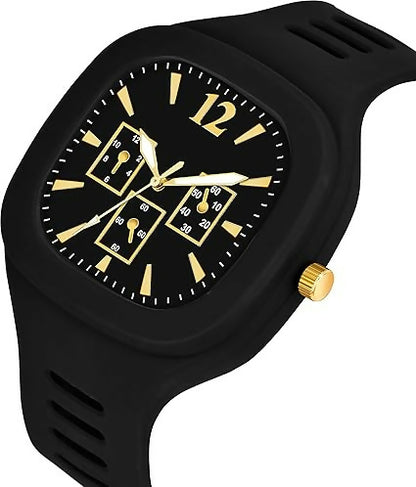 Trendy Analog Black-Gold Watch for Men & Boys Stylish Silicone Strap Casual Wrist Watch