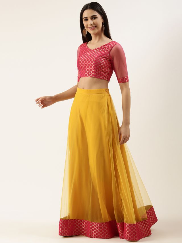 Bollywood Vogue Ready To Wear Pink Jacquard Art Silk N Yellow Net Lehenga