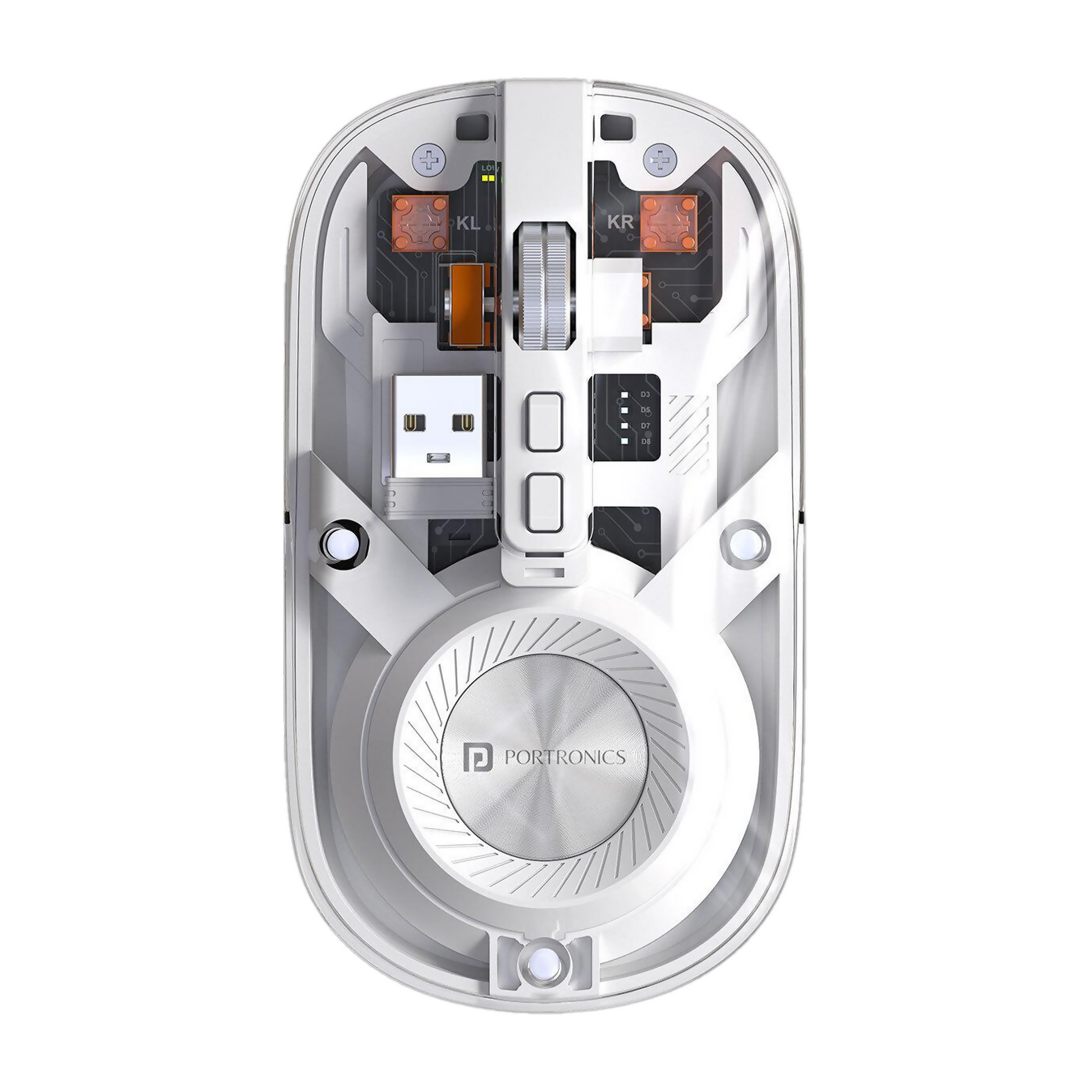 Portronics Toad 8 Ambidextrous Optical Mouse Transparent, Rechargeable, Silent (2.4GHz Wireless, Bluetooth, White)