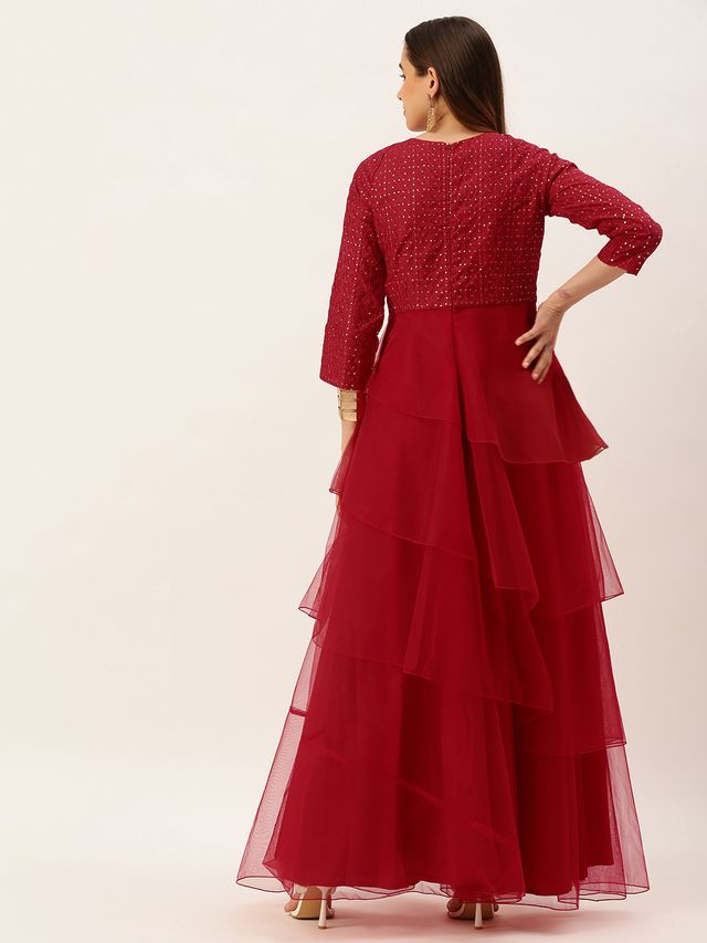 Bollywood Vogue Ready To Wear Dark Red Georgette Embroidered Layered Gown