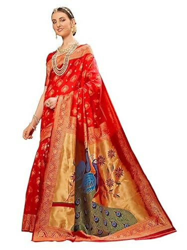 AXONIT Jacquard Silk Saree with Golden Zari Peacock Design, Festive Wear