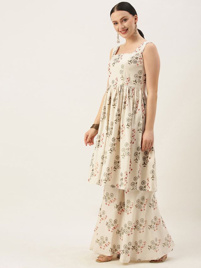 Bollywood Vogue Ready To Wear Cream Printed Kurta N Gharara Set