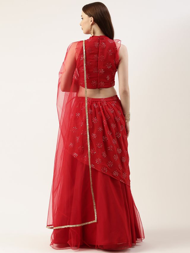 Bollywood Vogue Ready To Wear Red Georgette Draped lehenga Set