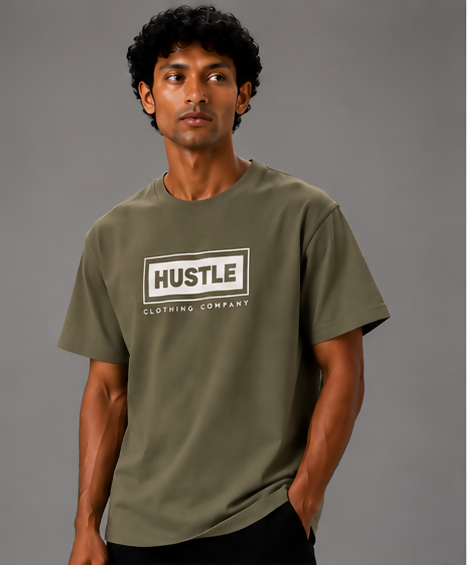 HUSTLE Essentials Men's Crew Neck Oversized T-Shirt – Olive Green