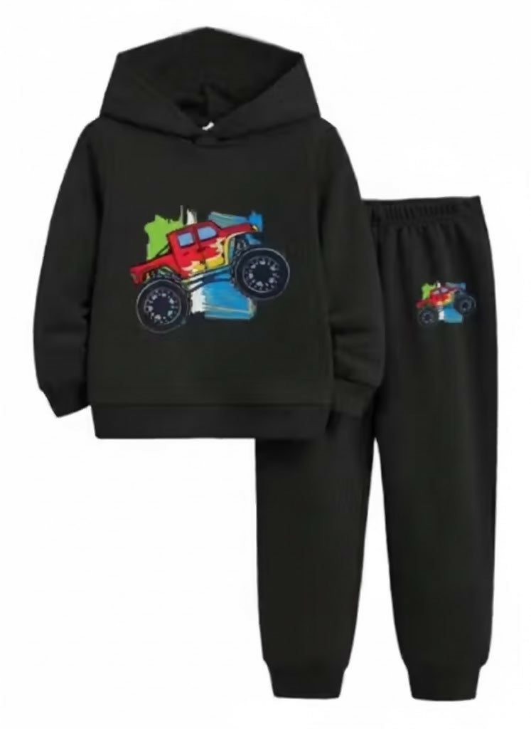 Kids' Black Hoodie and Joggers Set with Red Monster Truck Print Luck Fashion