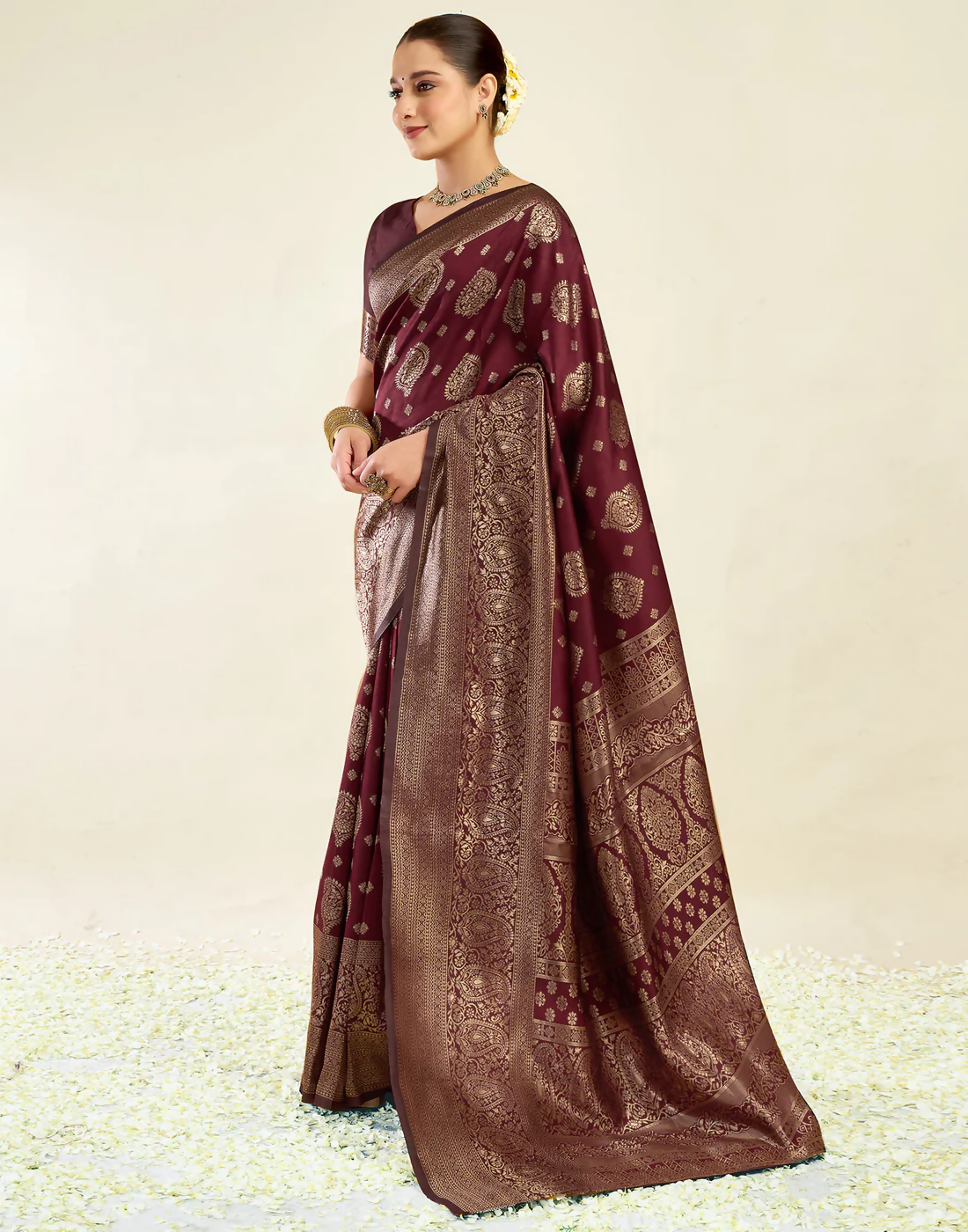 AXONIT Royal Jacquard Saree with Golden Zari Butta & Brocade Border