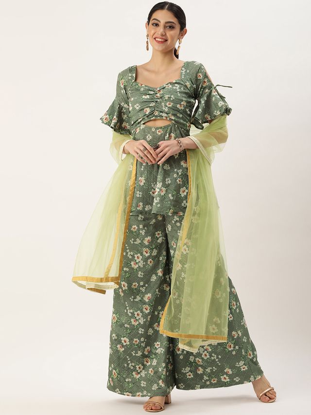 Bollywood Vogue Ready To Wear Mehndi Green Georgette Printed Palazzo Suit