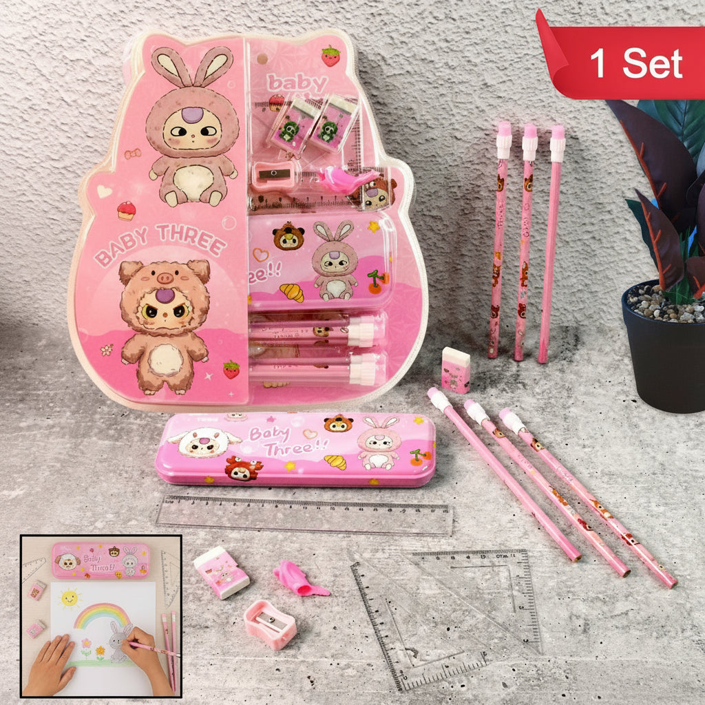Cartoon Stationery Gift Set for Kids of Includes Metal Pencil Box, 6 Pencils, 2 Erasers, Sharpener, Ruler, 2 Square & More  (14 Pc)