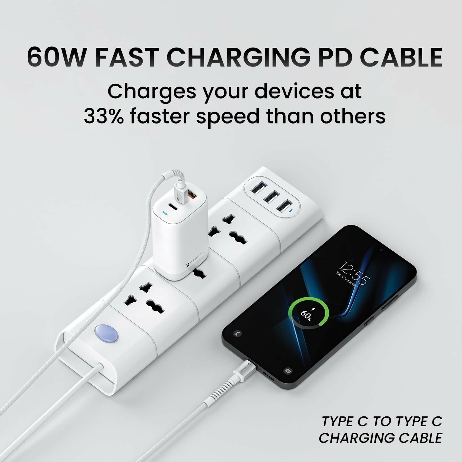 Portronics Konnect X 60W Type-C to Type-C Fast Charging Cable | 1M Nylon Braided USB-C PD Cable for iPhone 15, iPad, Samsung Galaxy & Type-C Devices
