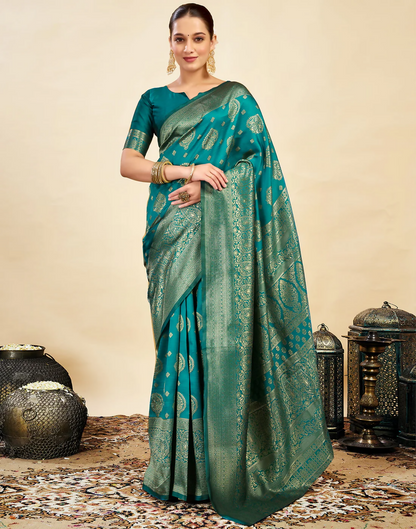 AXONIT Royal Jacquard Saree with Golden Zari Butta & Brocade Border