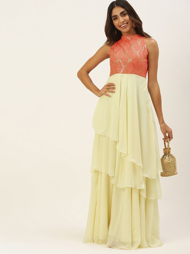 Bollywood Vogue Ready To Wear Off White N Peach Georgette Embroidered Gown