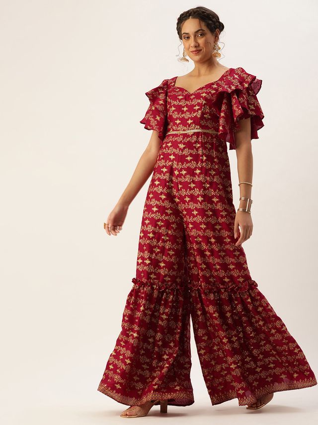 Bollywood Vogue Ready To Wear Maroon Art Silk Foil Print Jumpsuit