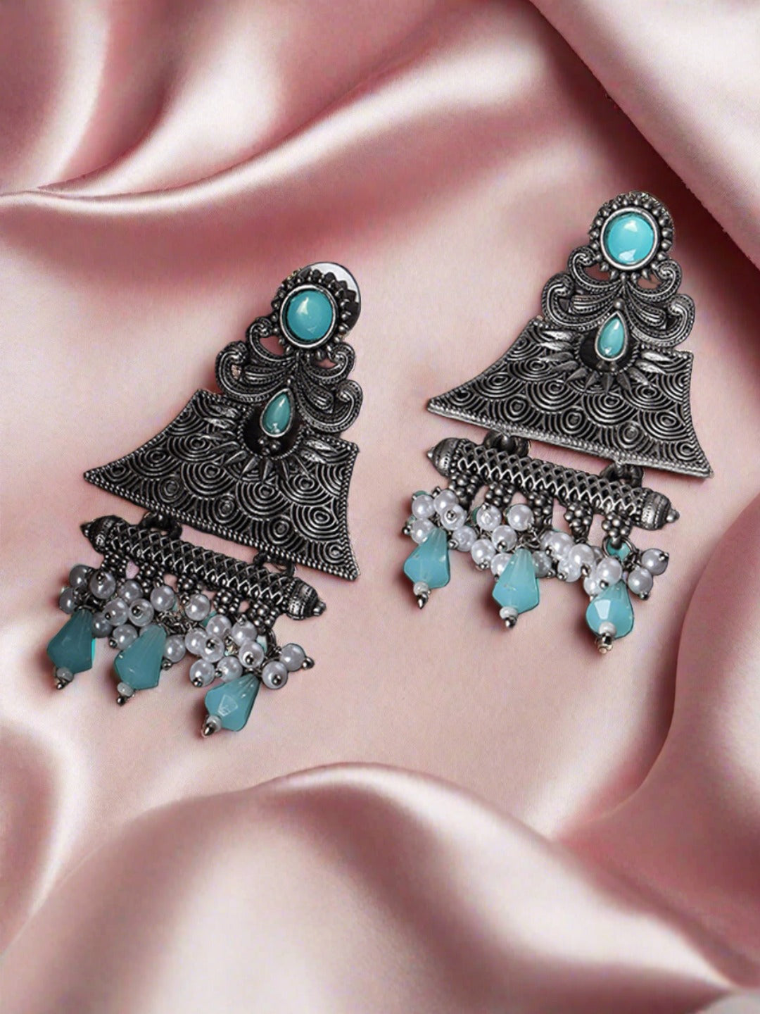 Silver-Toned & Turquoise Blue Dome Shaped Drop Earrings