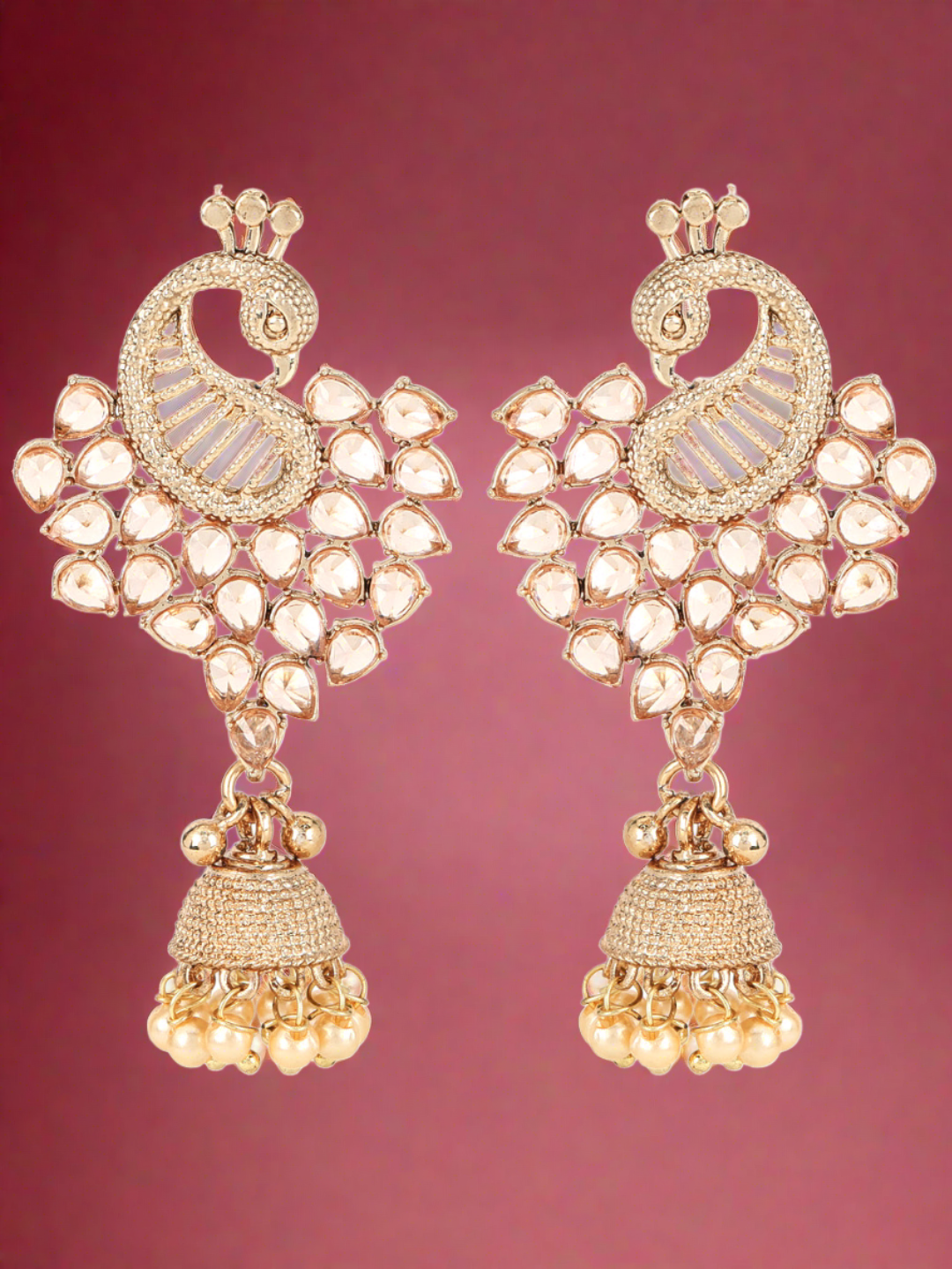 Gold-Plated Cz Studded Pearl Beaded Peacock Shaped Jhumka Drop Earrings