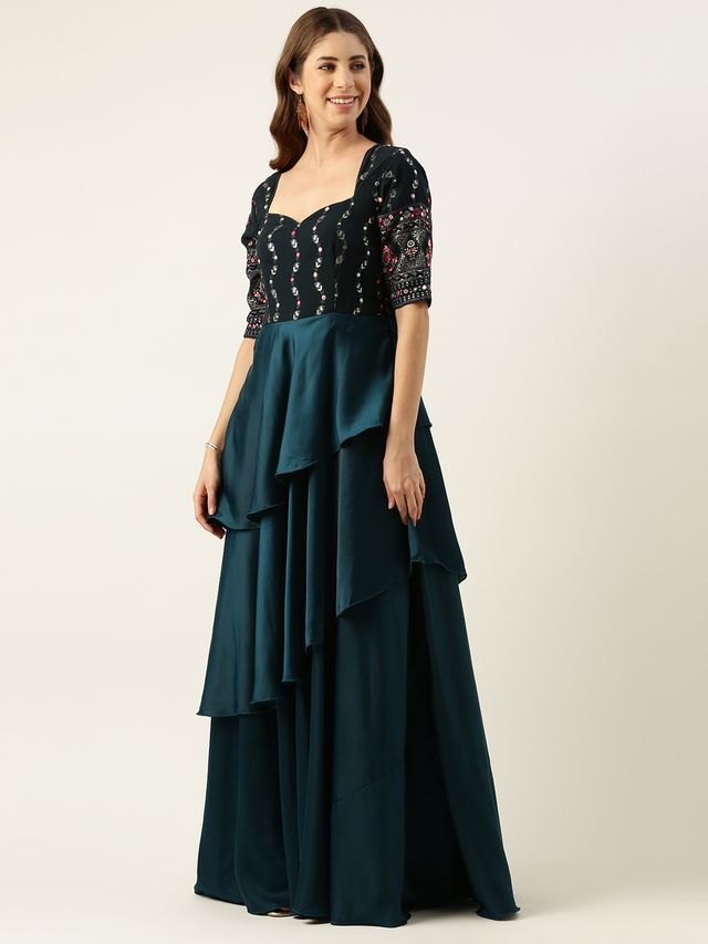 Bollywood Vogue Ready To Wear Teal Green Georgette Sequins Embroidered Gown