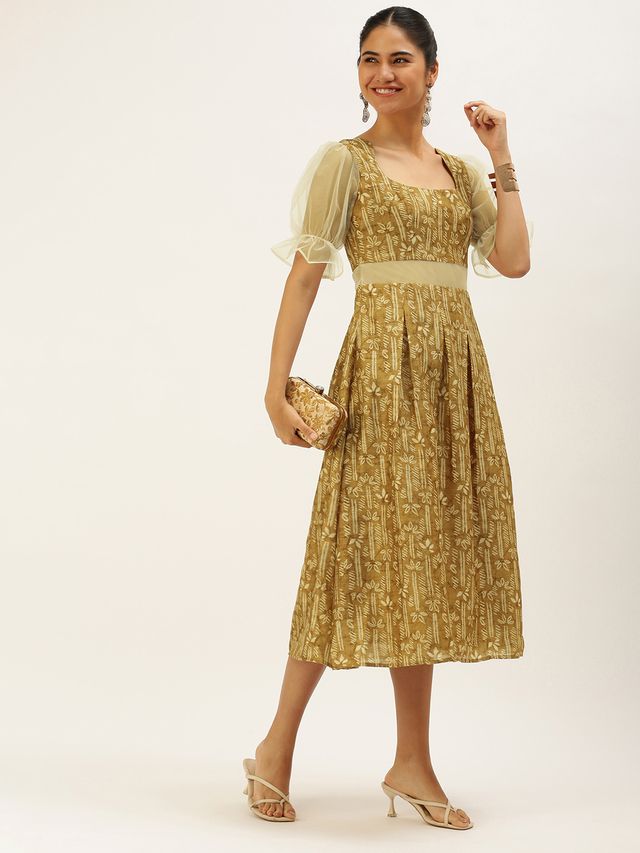 Bollywood Vogue Ready To Wear Green Printed Art Silk Dress