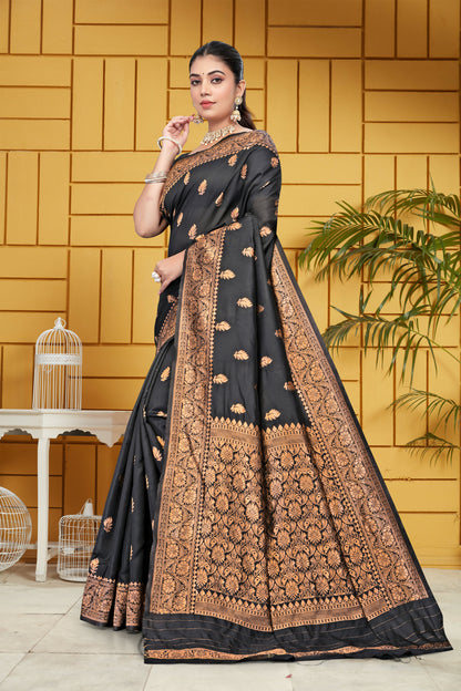 AXONIT Midnight Majesty Jacquard Saree in Black with Antique Gold Zari Work