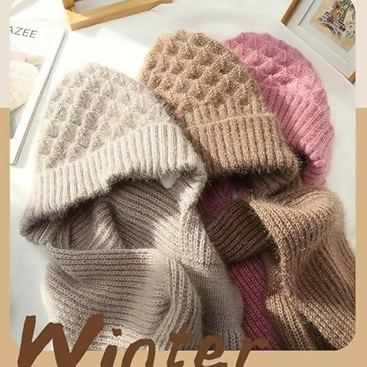 2-in-1 Woolen Winter Cap with Attached Muffler for Women & Girls Stylish Knitted Beanie Scarf Combo Multicolour