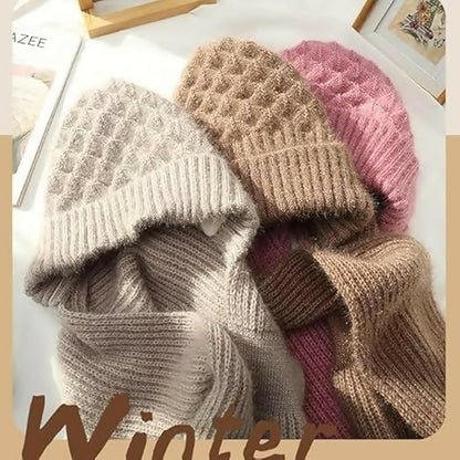 2-in-1 Woolen Winter Cap with Attached Muffler for Women & Girls Stylish Knitted Beanie Scarf Combo Multicolour