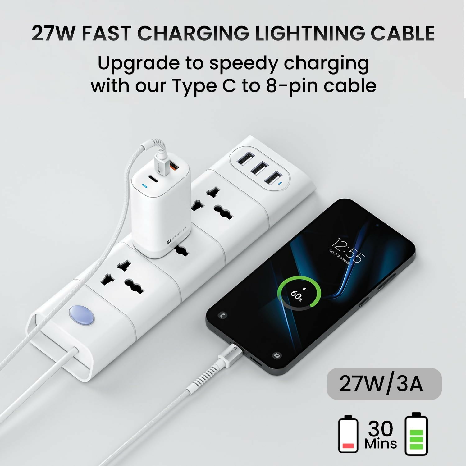 Portronics Konnect X Type-C to 8-Pin 27W Fast Charging Cable | 1M Premium TPE Cable for Lightning Devices | White