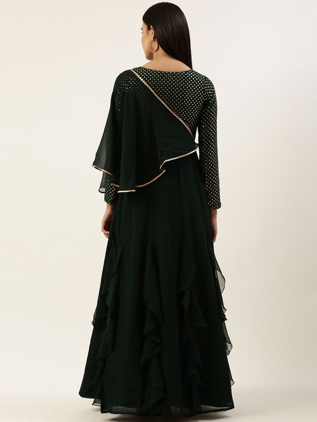 Bollywood Vogue Ready To Wear Green Embroidered Georgette Kali Flared Gown