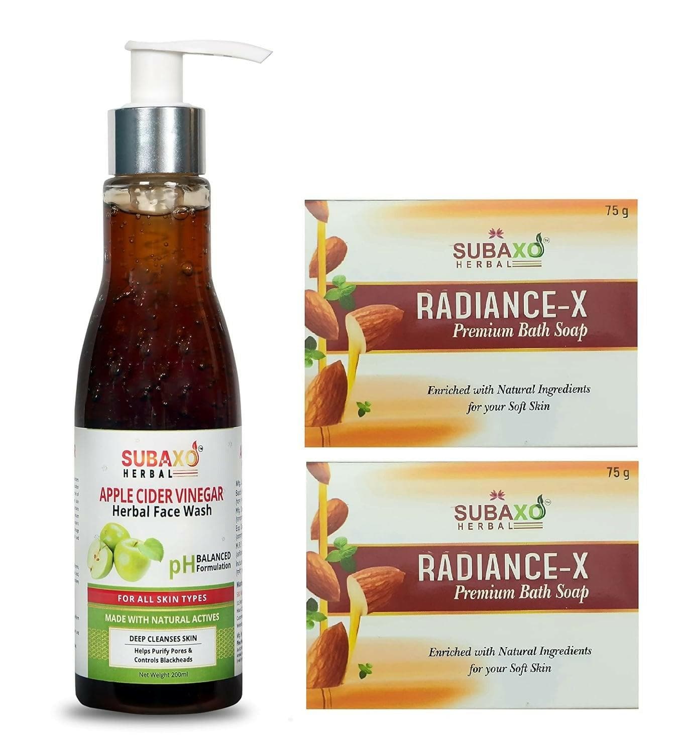 Subaxo Radiance-x Premium Bath Soap (75 g Each, Pack Of 2) & Apple Cider Vinegar Deep Cleansing Skin Glowing Face Wash(200ml) - HalfPe