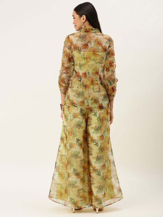 Bollywood Vogue Ready To Wear Green Organza Palazzo N Jacket Co Ords Set