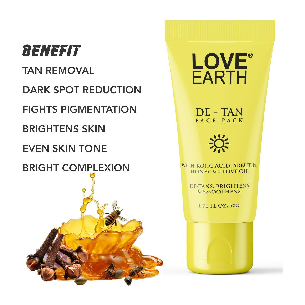 Love Earth De-Tan Face Pack For Instant Tan Removal Brightens & Smoothens All Skin Type 50G